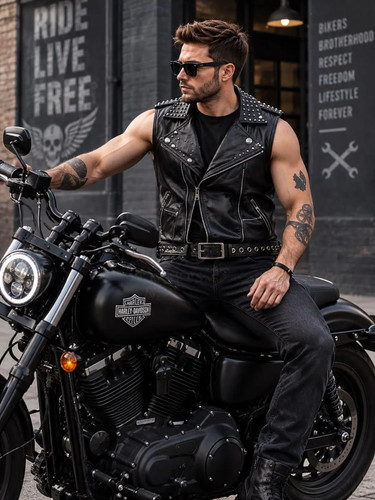 Men leather biker vest - biker,